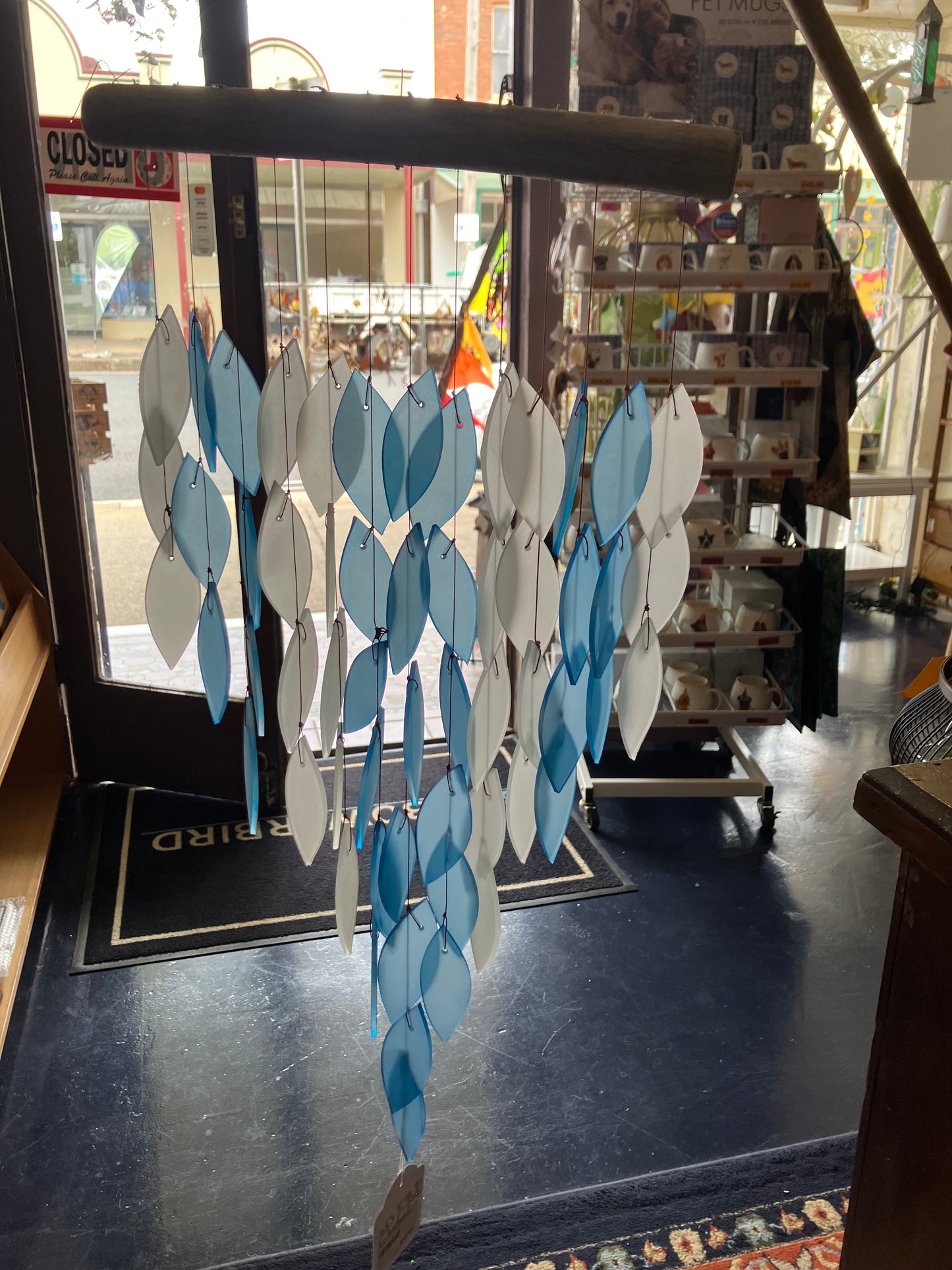 Blue and White Glass  Windchime With Driftwood