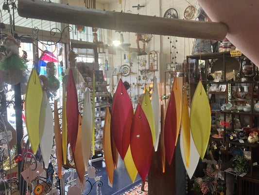 Red Yellow Orange and White Colour Glass  Windchime With Driftwood
