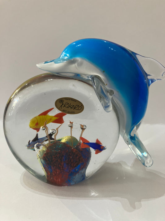Glass Paperweight Dolphin On Reef