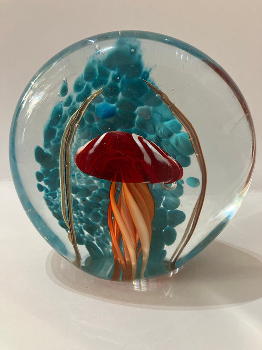 Glass Paperweight With Red Stripe Jellyfish