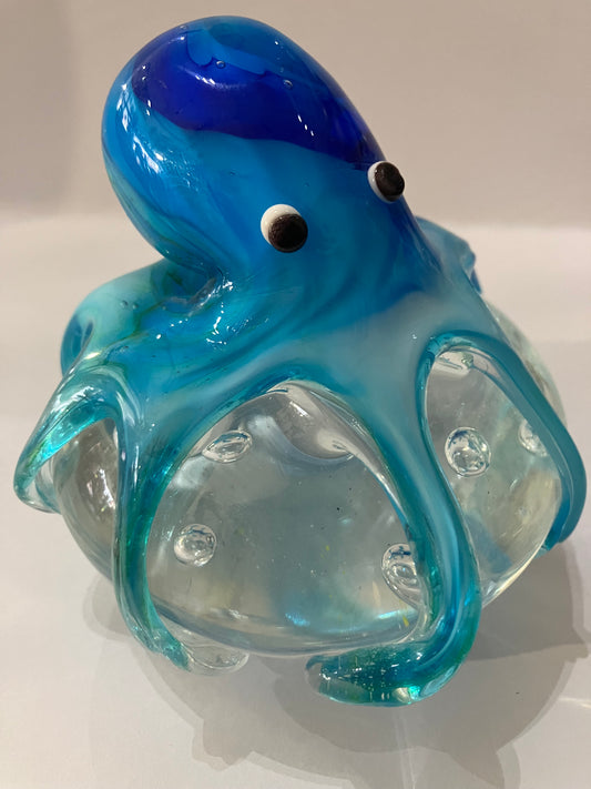 Glass Paperweight Turquoise Blue Octopus On Rock