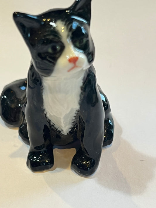 Miniature Porcelain Tuxedo Black & White Sitting Cat