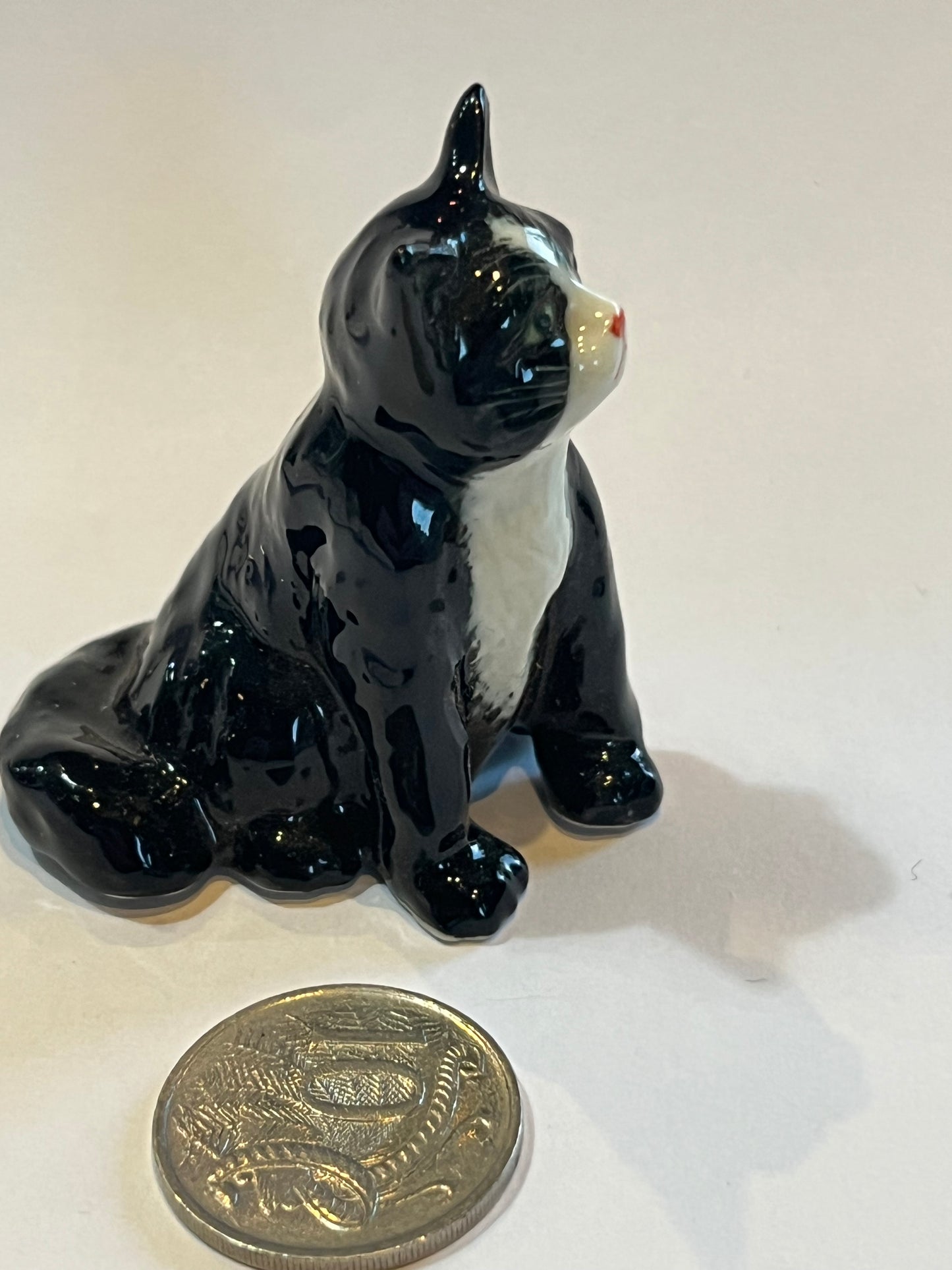 Miniature Porcelain Tuxedo Black & White Sitting Cat