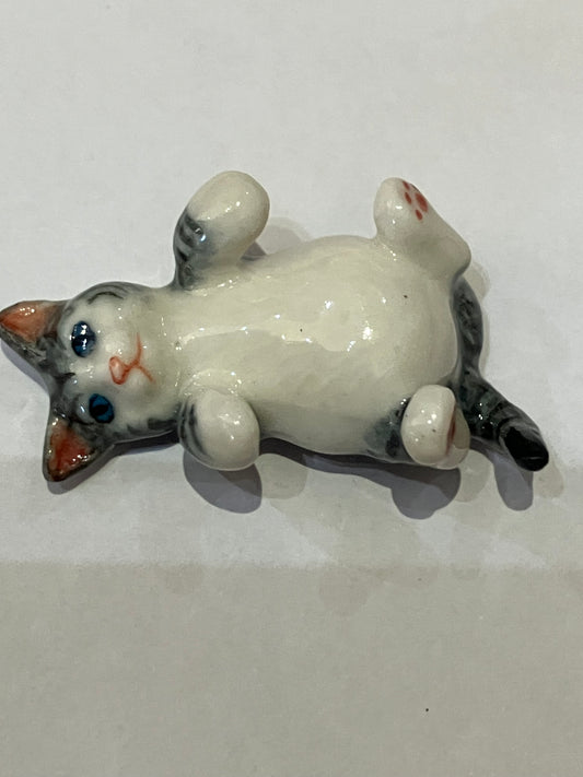 Miniature Porcelain Cats Kittens Hand Painted Grey Cat Lying on Back Mini