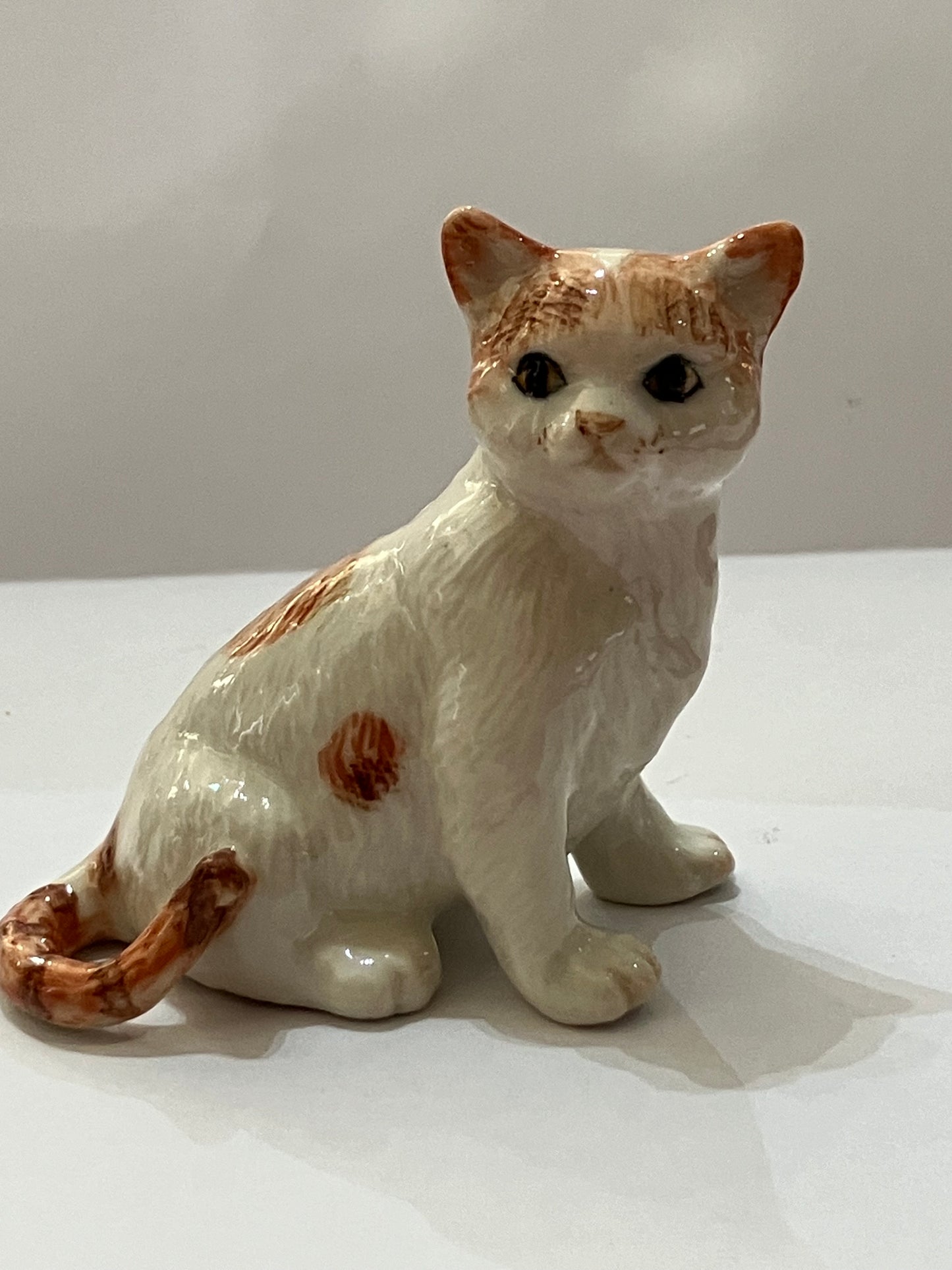 Miniature Porcelain Cats Kittens Figurine White and  Ginger Cat Sitting