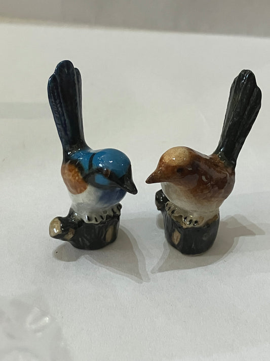 Miniature Porcelain Bird Figurines Superb Fairy Wren Male and Female on Log