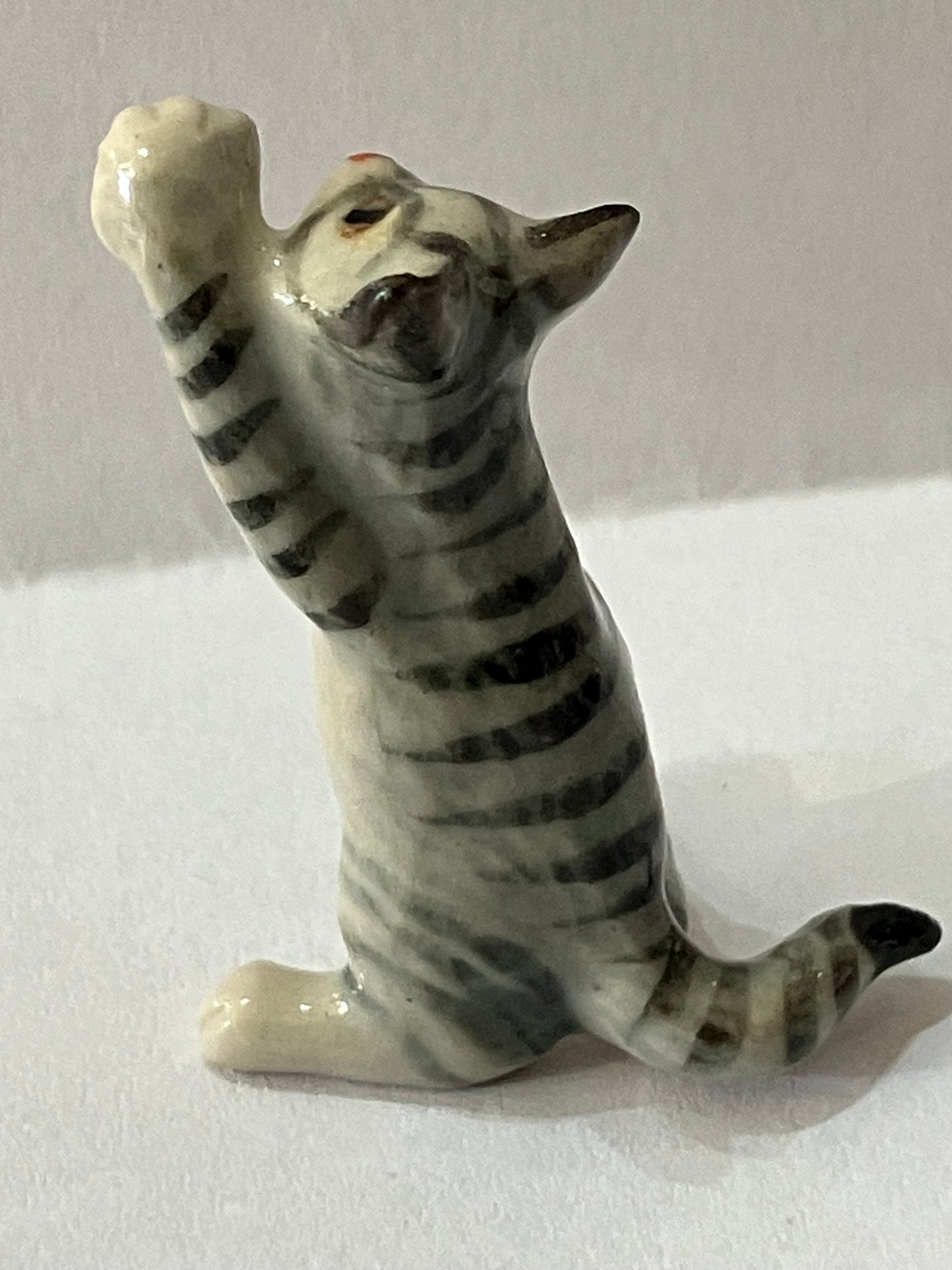 Miniature Porcelain Cat Kitten Hand Painted Grey Cat Standing