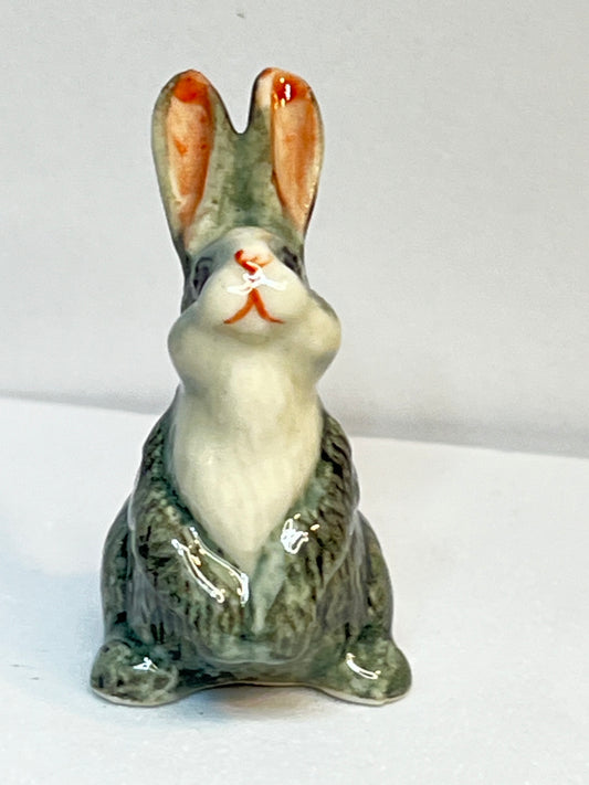 Miniature Porcelain Grey and White Bunny Rabbit Figurine Sitting Up