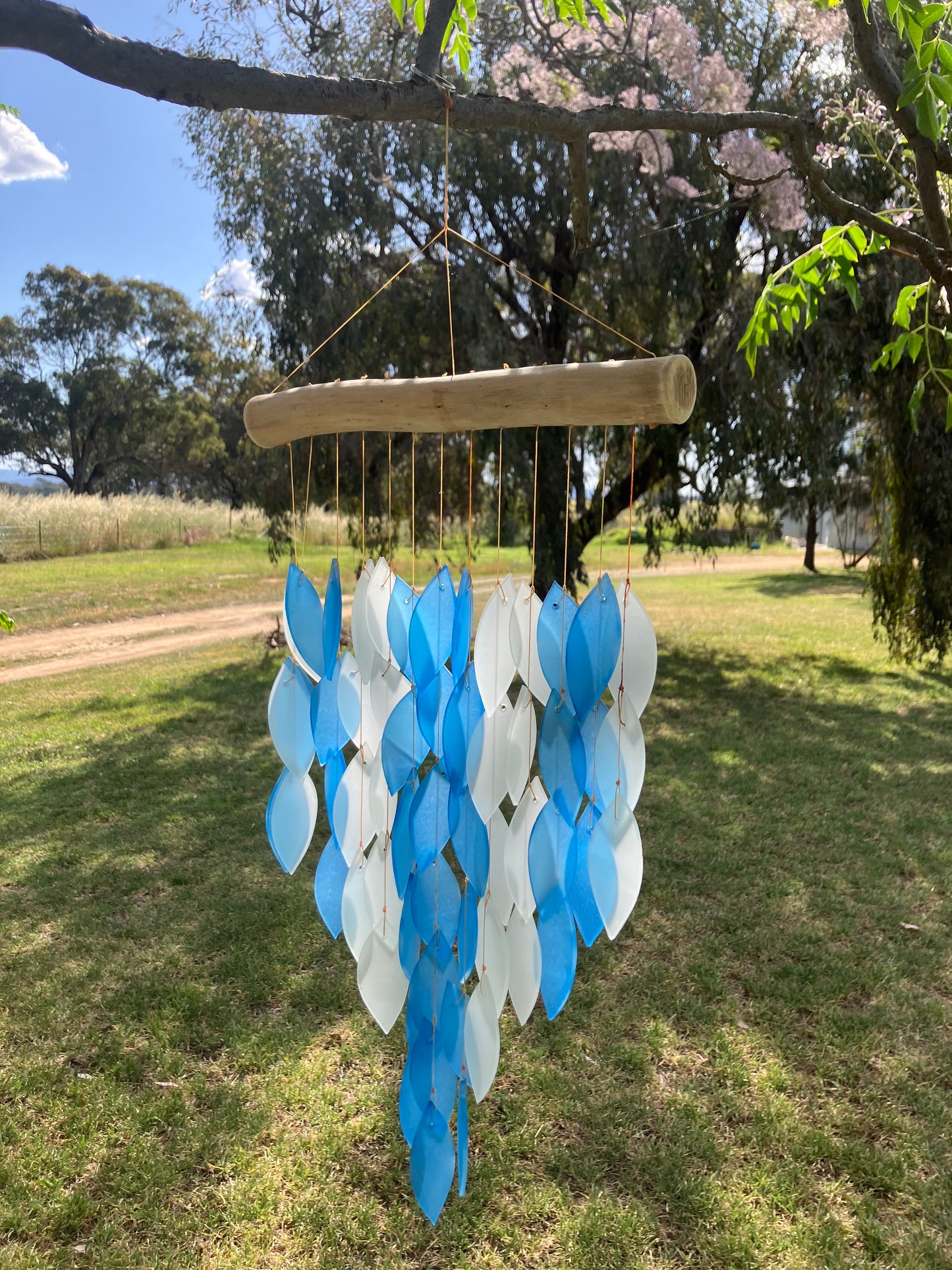 Blue and White Glass and Driftwood  Wind Chime