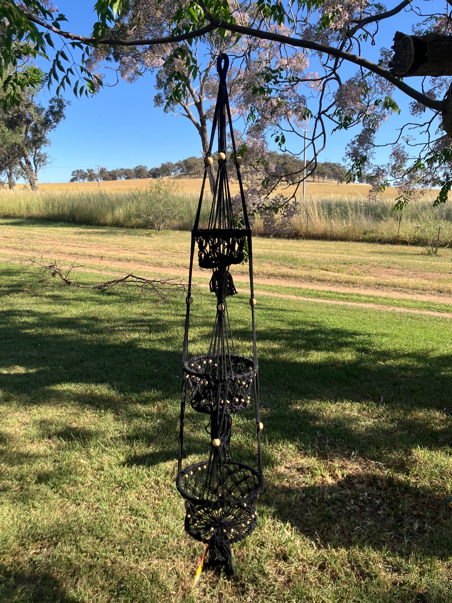 Black Macrame Pot Hanger Triple Baskets with Beads