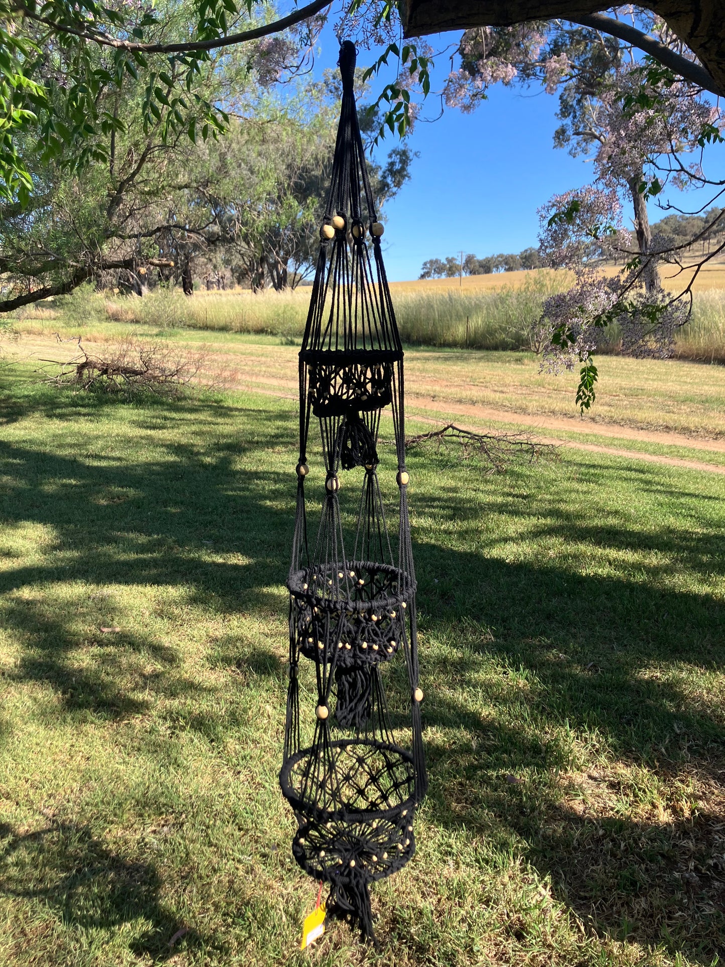 Black Macrame Pot Hanger Triple Baskets with Beads