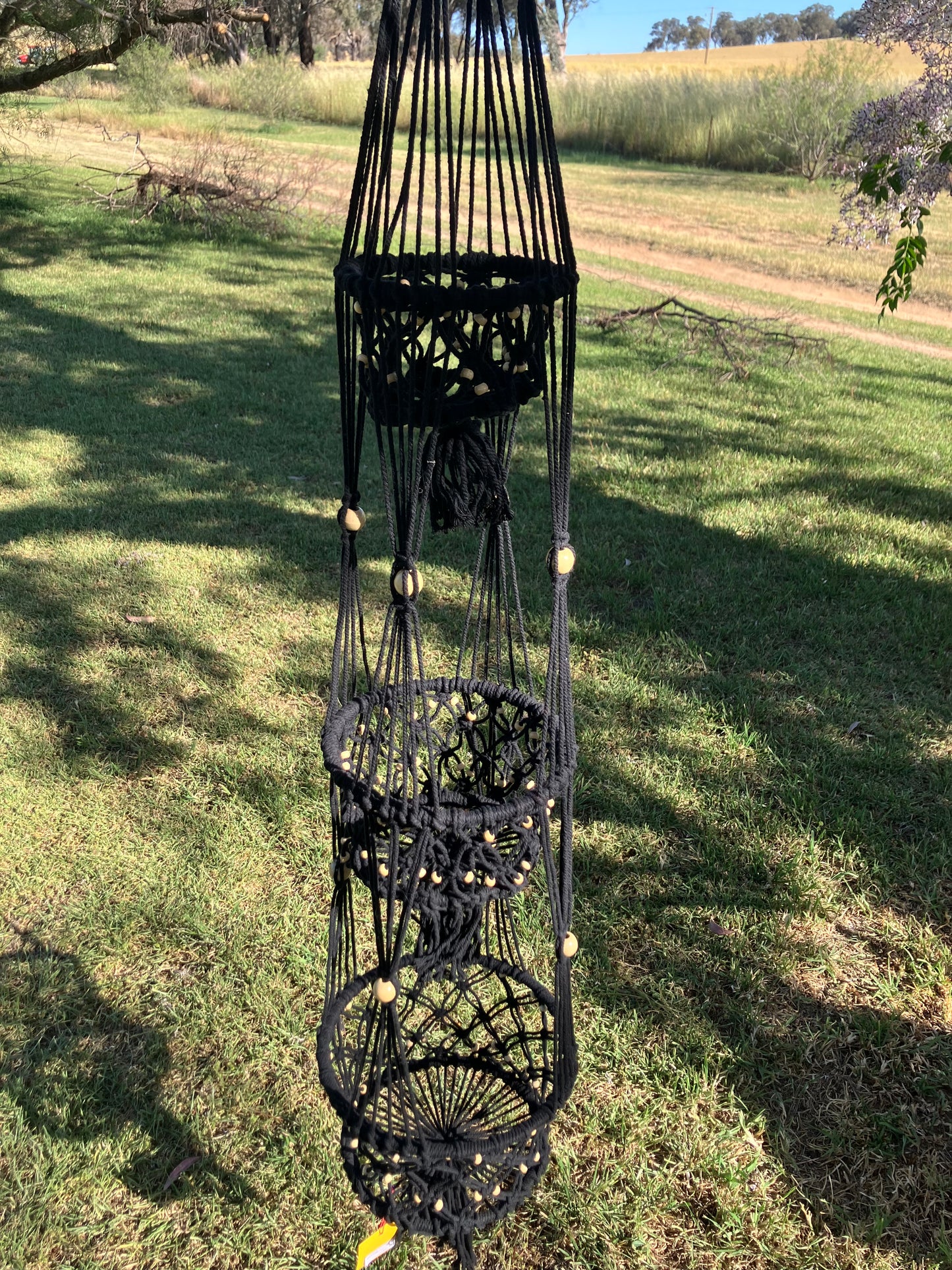 Black Macrame Pot Hanger Triple Baskets with Beads