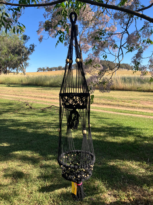 Black Macrame Pot Hanger Double Baskets with Wooden  Beads