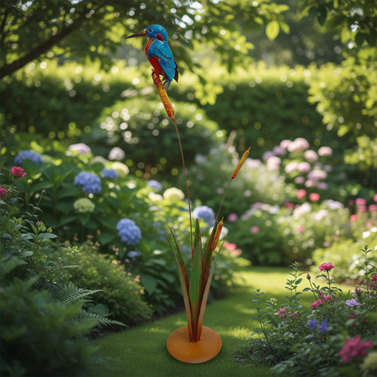 Kingfisher On Bulrush Metal Garden Stake 104cm