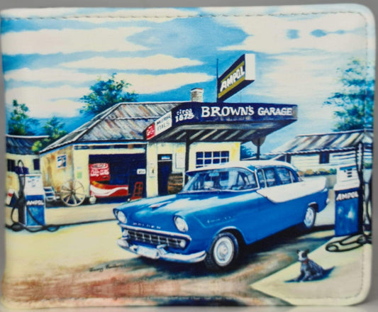 JENNY SAUNDERS BROWNS GARAGE HOLDEN SPECIAL BLUE AND WHITE MENS WALLET