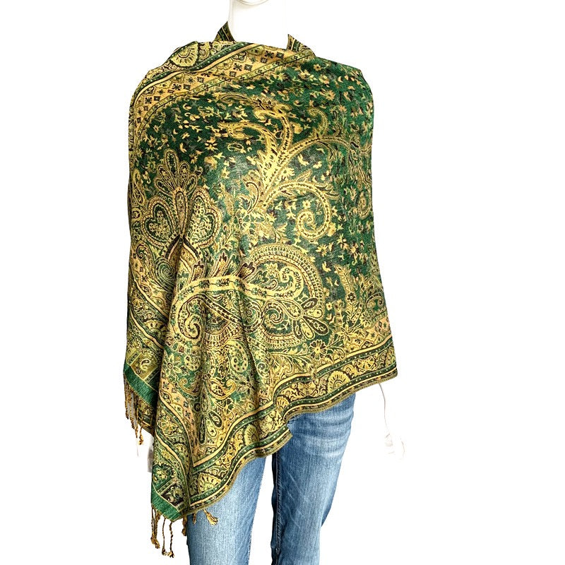 Lux Patterned Pashmina Shawl Gold and Green Background