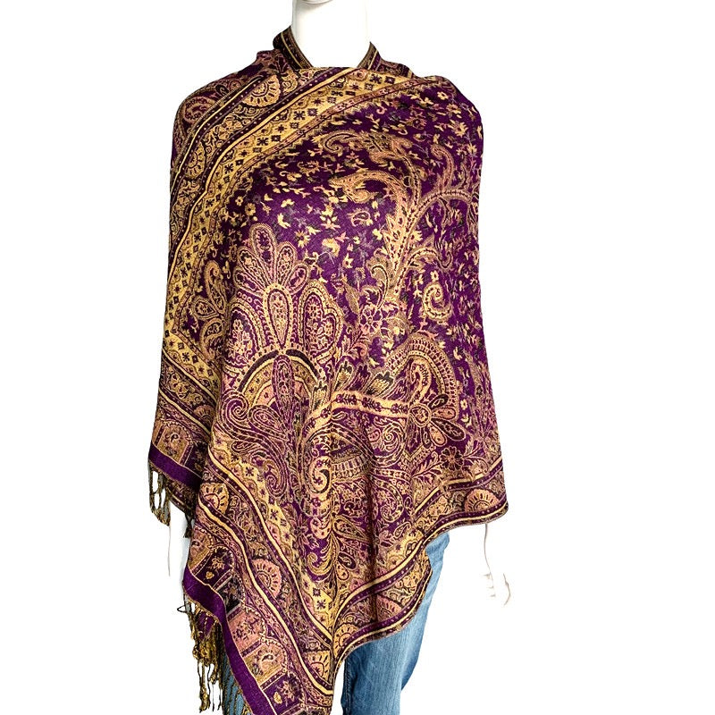 Lux Patterned Pashmina Shawl Gold with Purple Background