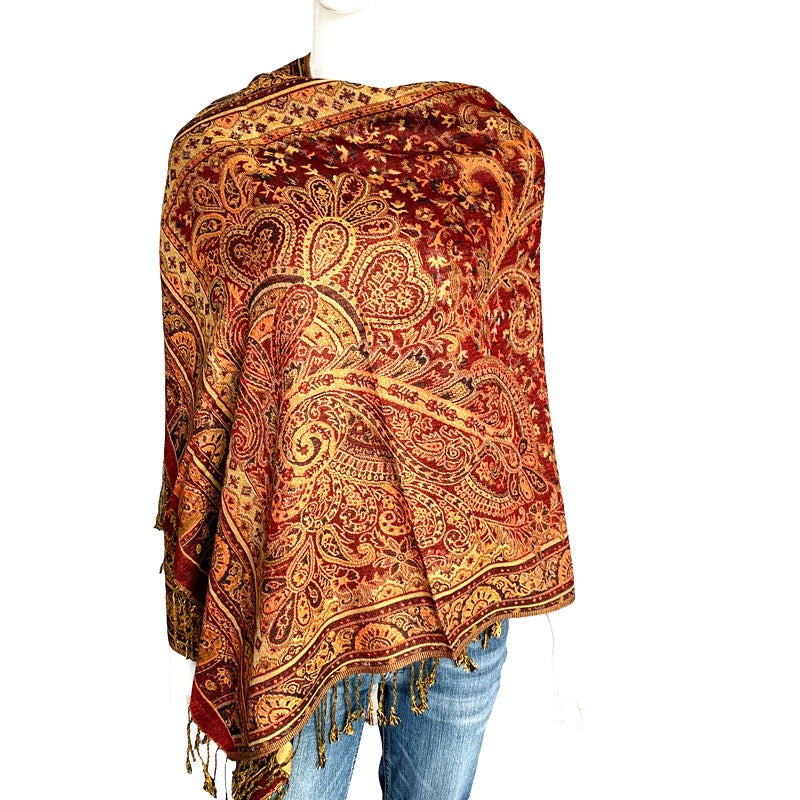 Lux Patterned Pashmina Shawl Gold with Burgundy Background