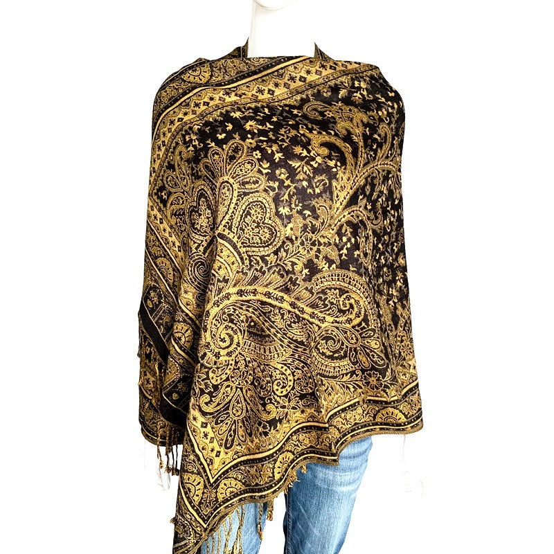 Lux Patterned Pashmina Shawl Gold with Black Background