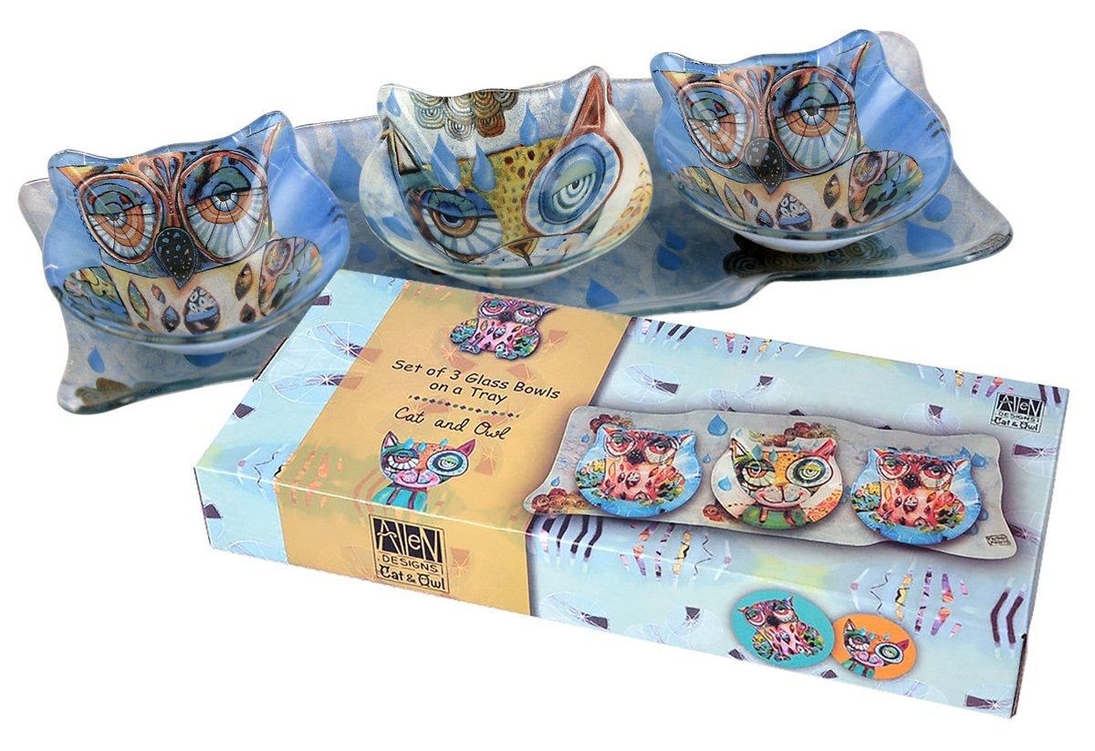 Cat and Owl Glass Bowls on Tray Allen Design