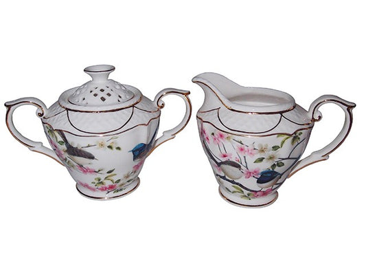 Fine Bone China Blue Wren Sugar and Creamer Set