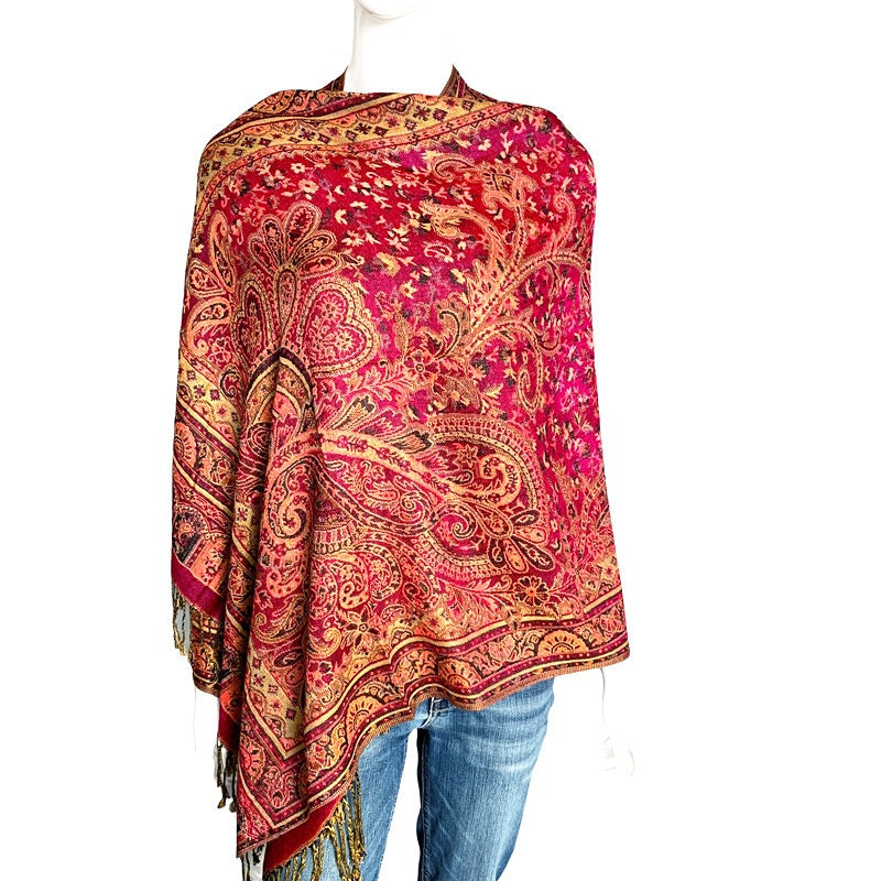 Lux Patterned Pashmina Shawl Gold with Pink Background