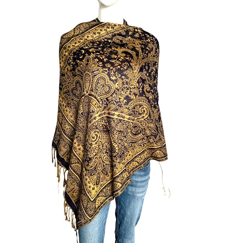 Lux Patterned Pashmina Shawl Gold with Royal Blue Background