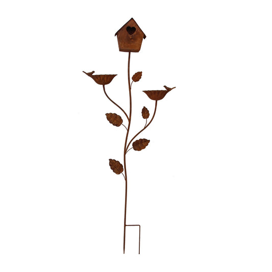 Rusty Garden Stake - with Two Birds  Feeders and Bird House