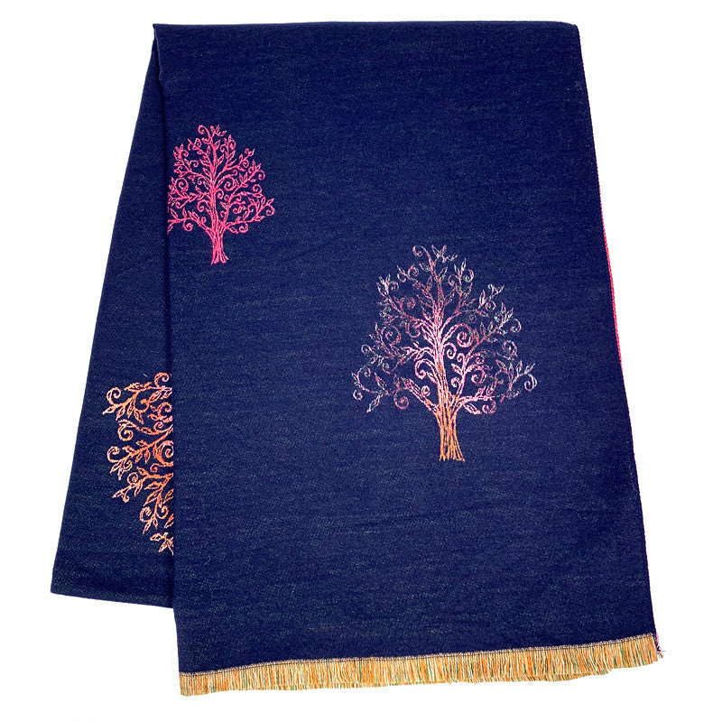 Lux Cashmere Scarf Navy with Tree Design