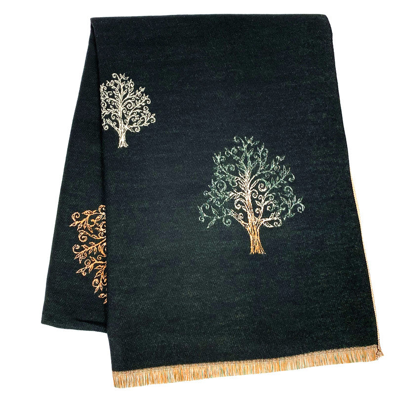 Lux Cashmere Scarf Black with Tree Design