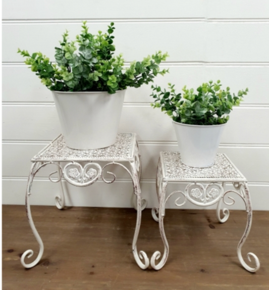 Antique Look Cream Metal Pot Stands Set Of Two