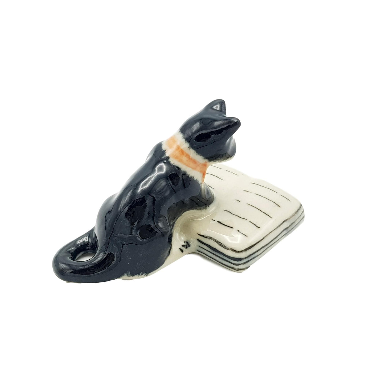 Miniature Porcelain Black and White Cat Reading a Book Figurine