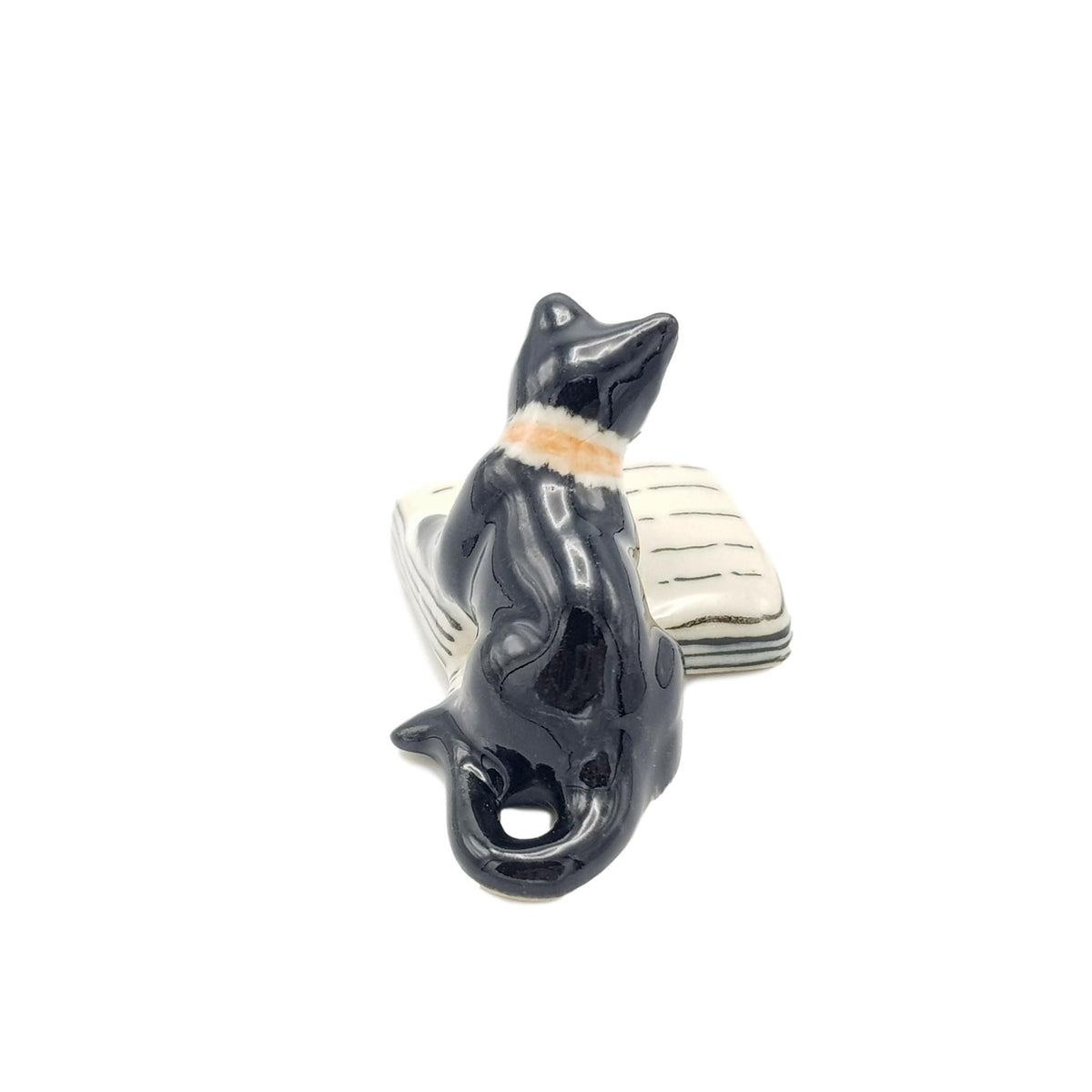 Miniature Porcelain Black and White Cat Reading a Book Figurine