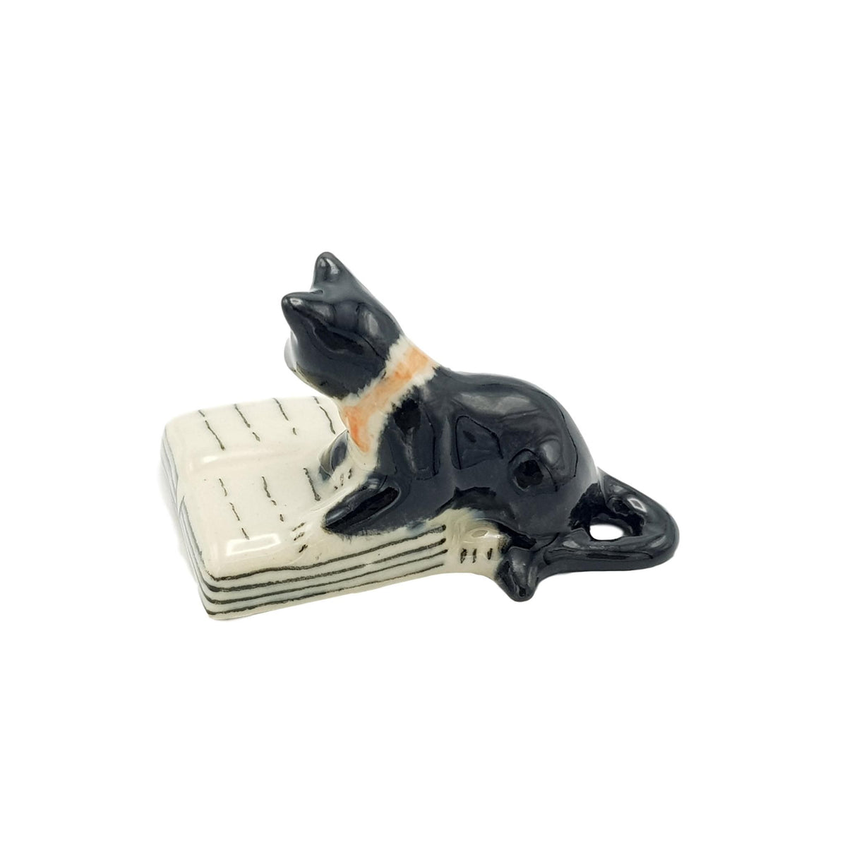 Miniature Porcelain Black and White Cat Reading a Book Figurine