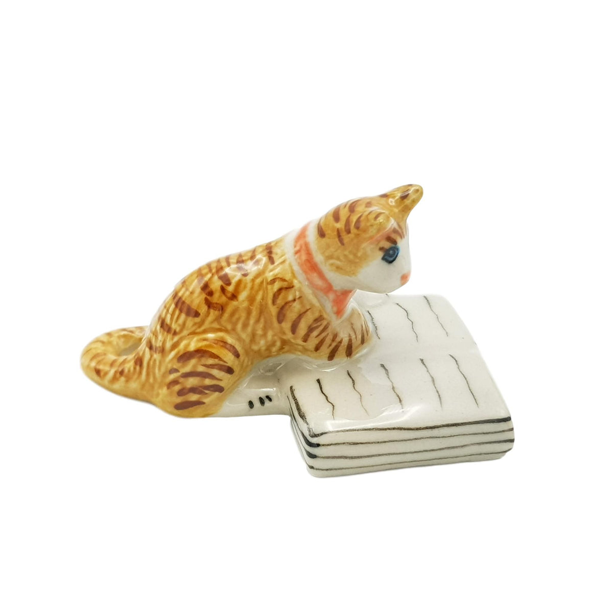 Miniature Porcelain Ginger Cat Reading a Book Figurine