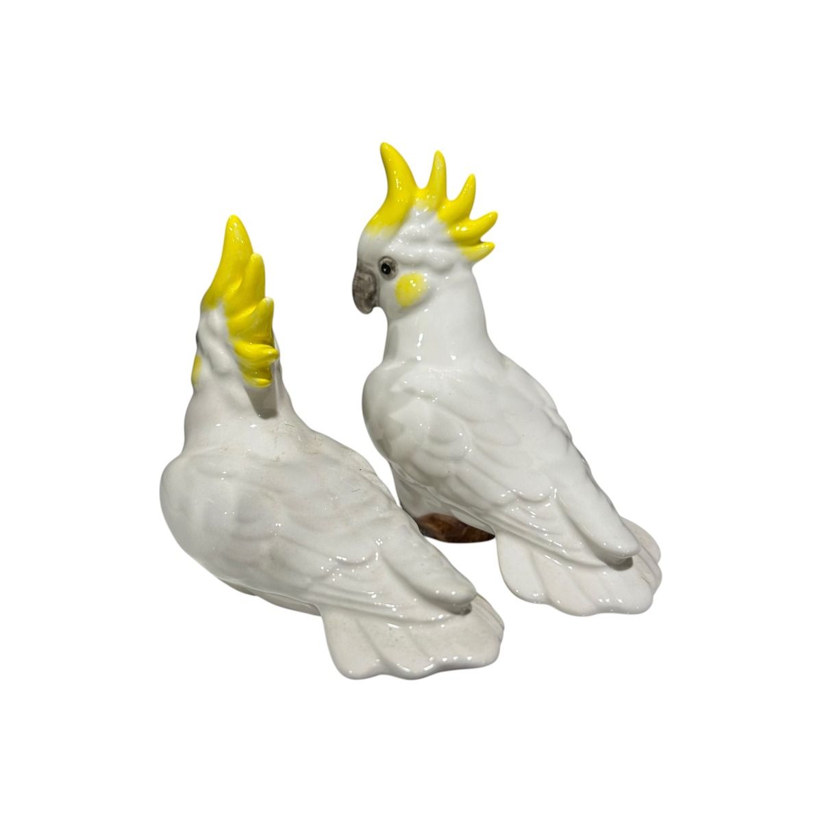 Large Miniature Porcelain Yellow Sulphur-Crested Cockatoo Figurine Set