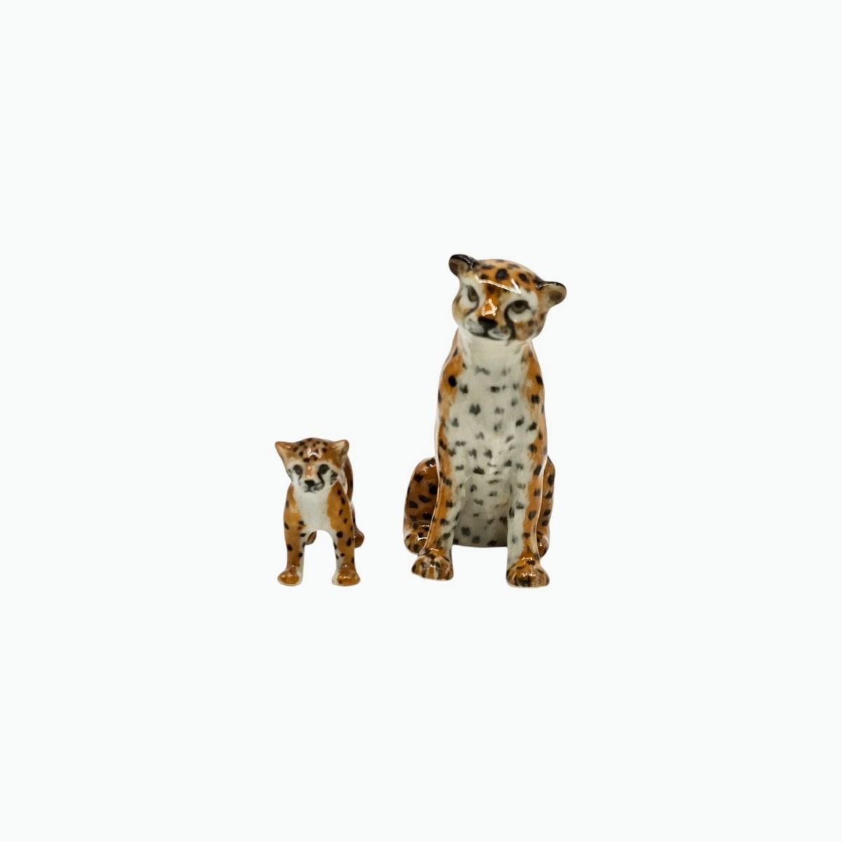 Miniature Porcelain Cheetah Mother and Cub Figurine Set