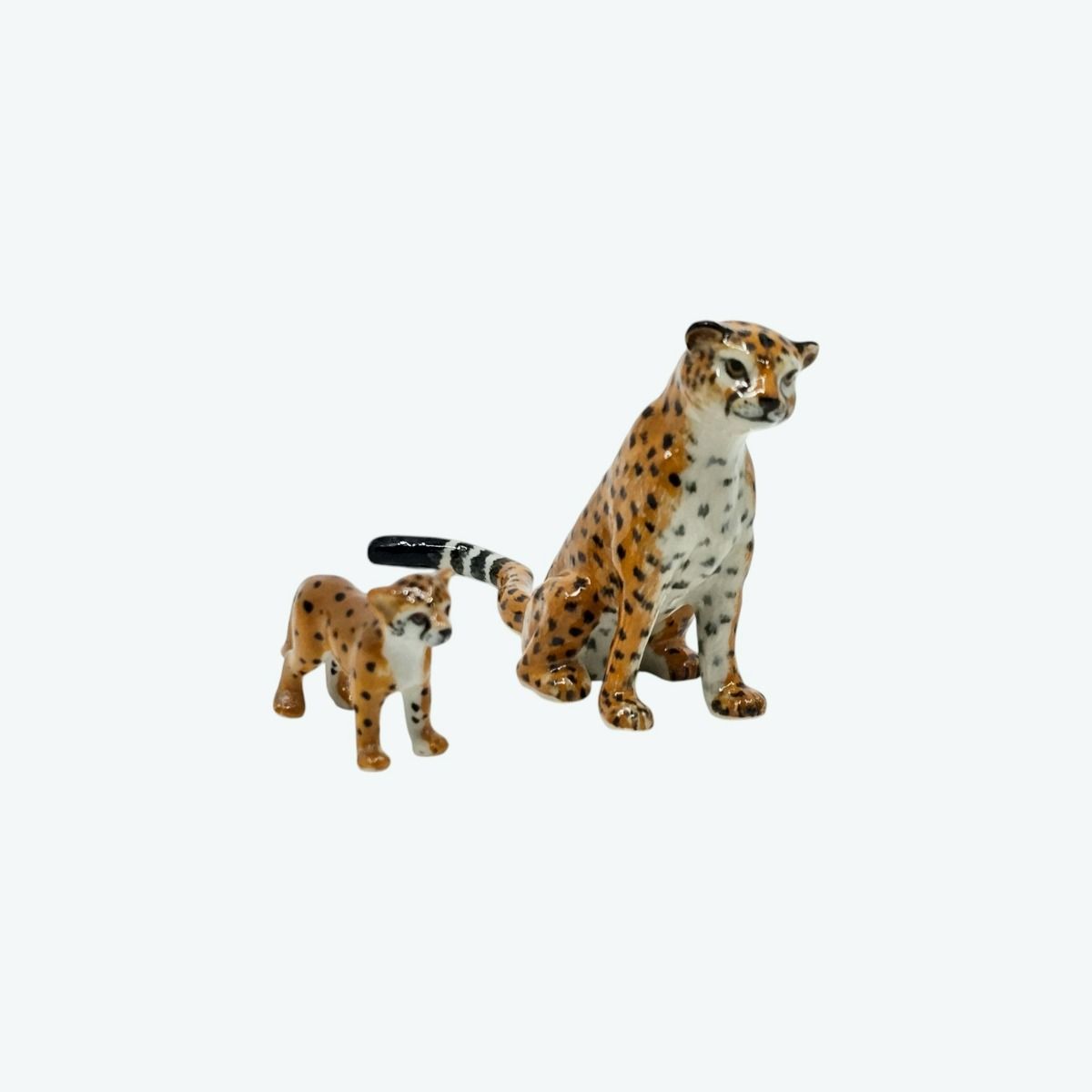 Miniature Porcelain Cheetah Mother and Cub Figurine Set