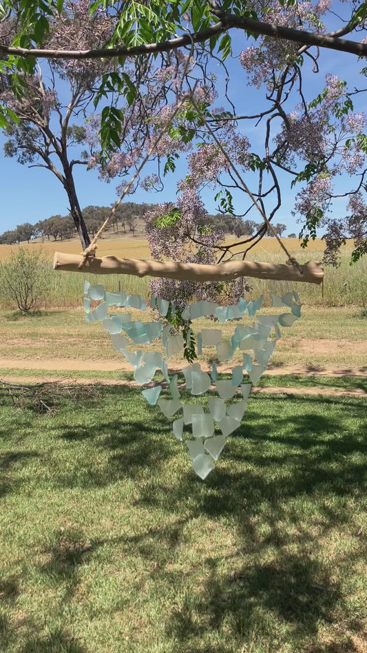 Frosted and White Glass  Wind Chime With Driftwood