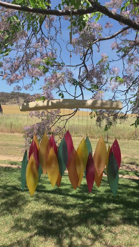 Red Yellow Orange and Green Colour Glass  Wind Chime With Driftwood