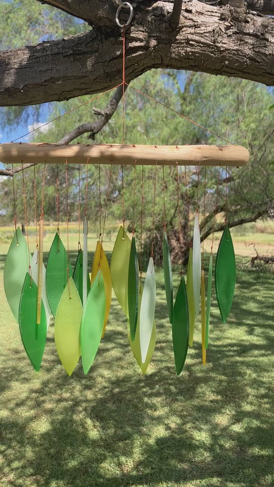 Green and White Glass  Wind Chime With Driftwood