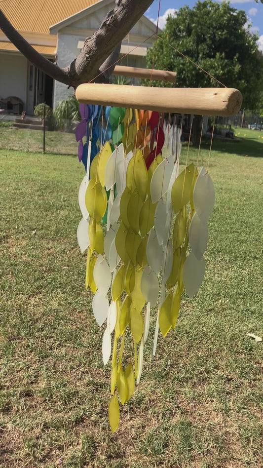 Green and White Glass  Wind Chime With Driftwood