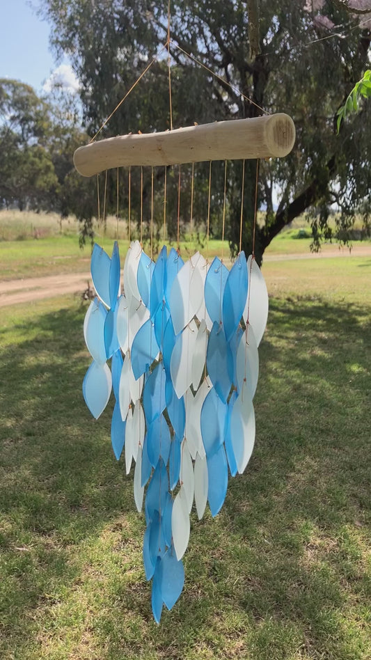 Blue and White Glass and Driftwood  Wind Chime