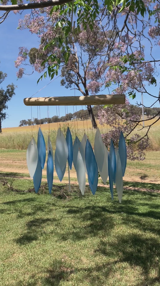 Blue and White Glass  Wind Chime With Driftwood