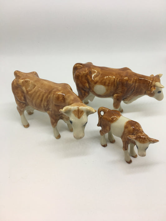 Brown And White Cows Miniature Porcelain Figurines (3Pcs)