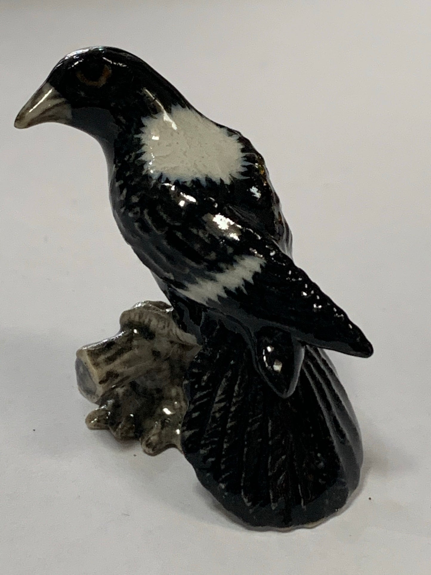 Miniature Porcelain Bird Figurine Magpie On Log