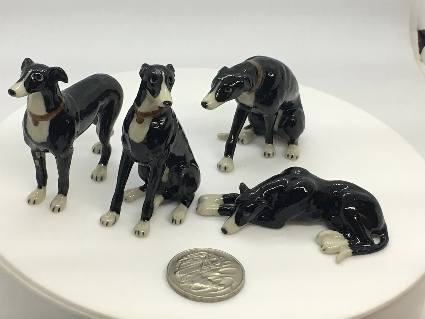 Miniature Porcelain Dog Figurines Black And White Greyhound Family Dog Breed
