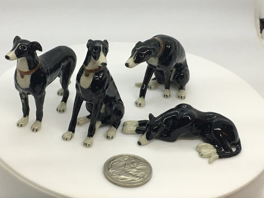 Miniature Porcelain Dog Figurines Black And White Greyhound Family Dog Breed