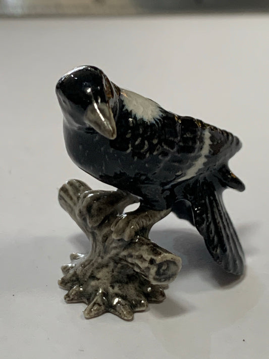 Miniature Porcelain Bird Figurine Magpie On Log