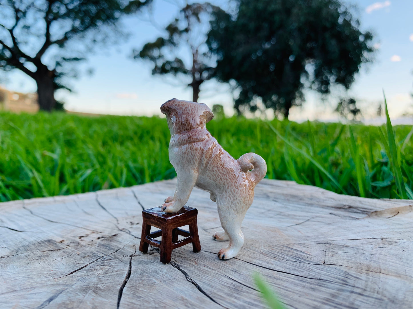 Miniature Porcelain Pug Standing On Chair Figurine
